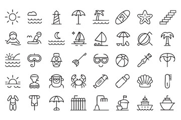 Naklejka premium Summer Beach Line Icons for Vacation, Travel, and Tourism Design