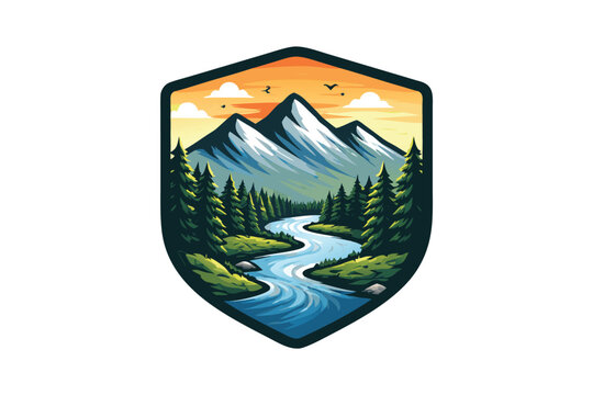 Shield Mountain River Adventure Logo Icon Design. Abstract Outdoor Landscape Concept Symbol for Camping and Hiking. Vector Illustration of Scenic Wilderness View with Pine Trees and Sunset Sky.
