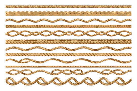 Seamless Rope Brush Patterns Set with Braid, Line, and Wavy Borders. Nautical Marine Cord, Cowboy Lasso, and Knotted String Elements for Design, Frames, and Dividers. Vector Illustration.