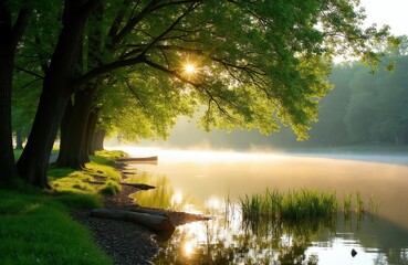 Obraz premium Sun shines through green tree branches over calm water. Morning mist floats on lake surface. Peaceful nature scene with grassy shore and forest background. Serene landscape reflection in water.
