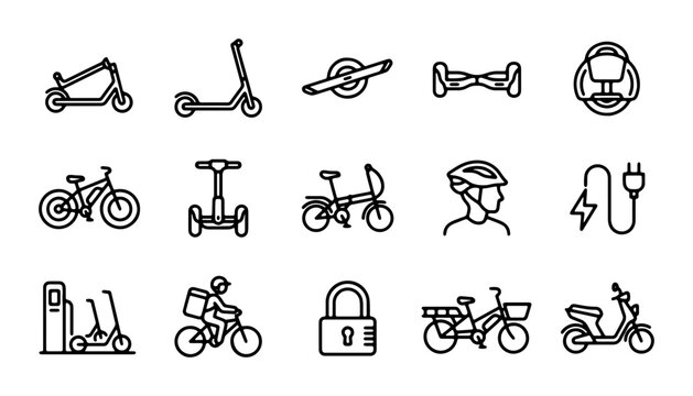 Electric Scooter and Bike Icons, Personal Transport Vector Set, Urban Mobility Symbols