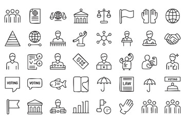 Fototapeta premium Vector Civic Icon Set with Parliament, Justice Scale, Flag, Globe, and Podium Symbols
