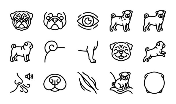 Pug Dog Icon Set, Cute Canine Vector Graphics, Pet Animal Line Art Collection