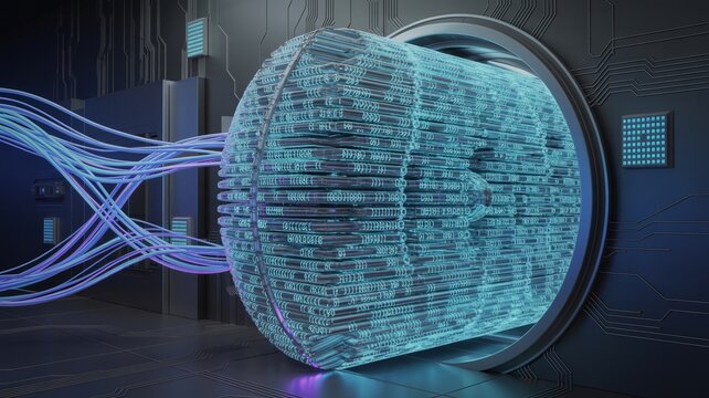 Circular vault door made of interconnected network code &ndash; Great for fintech defense, data fortress concepts, or digital trust solutions.
