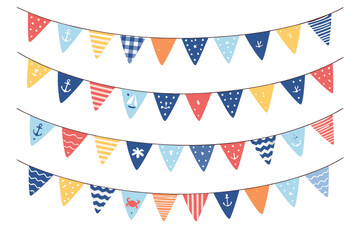 Obraz premium Nautical Bunting Flags Set with Anchors, Sailboats, Waves, and Stripes. Triangular Pennant Garlands for Marine Themed Party Decoration, Baby Shower, or Birthday. Hand Drawn Vector Illustration.