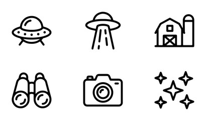 Alien UFO Icons, Farm Building, Binoculars, Camera, Stars, Space Exploration Vector Set © Anisul