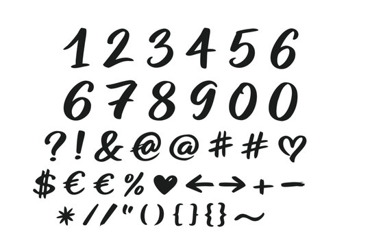 Vector Set of Calligraphic Hand Written Ink Numbers and Signs. Hand Drawn Brush Lettering Numerals 0-9, Punctuation Marks, Currency Symbols, Arrows, and Math Icons for Creative Graphic Design