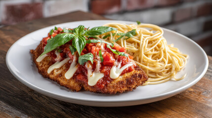 Fototapeta premium chicken parmigiana dish with breaded chicken and tomato sauce