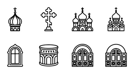 Orthodox Christian Icons: Churches, Domes, Crosses, Arches, Windows, Vector Set © Anisul