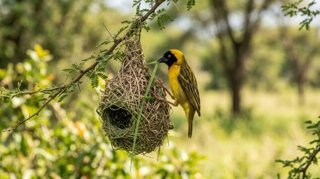 A weaver bird perched on a tree branch, with a nest hanging from a nearby branch.