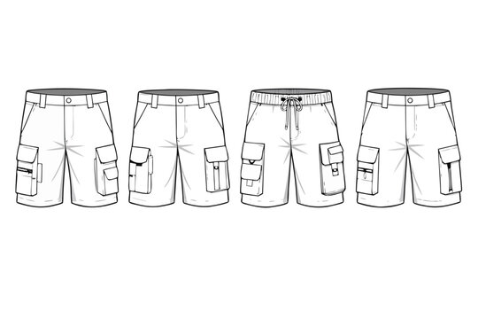 Men's Cargo Shorts Technical Fashion Illustration Set, Utility Bermuda Shorts Front View Variations with Multiple Pockets, Zippers, and Drawstrings, Flat Sketch CAD Template for Apparel Design