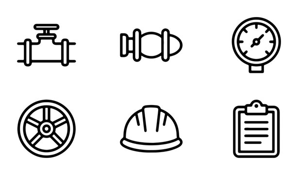 Industrial Icons: Valve, Gauge, Hard Hat, Clipboard, Wheel, Pipe Fitting Vector Set
