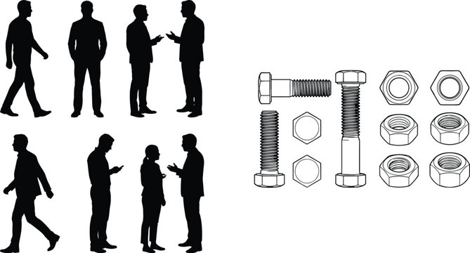 Business people silhouettes in suits walking and talking alongside collection of industrial bolts nuts and metal fasteners