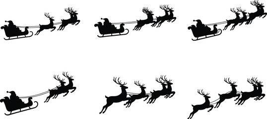 Collection of Santa Claus sleigh silhouette illustrations with reindeer in multiple festive Christmas flying configurations and designs © Muntaseer