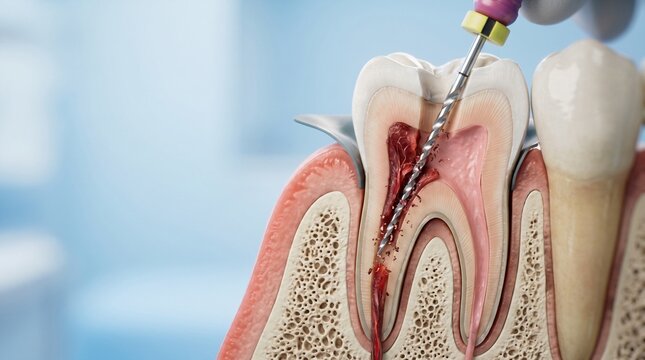 Anatomical cross section of a human tooth undergoing root canal treatment with a dental drill