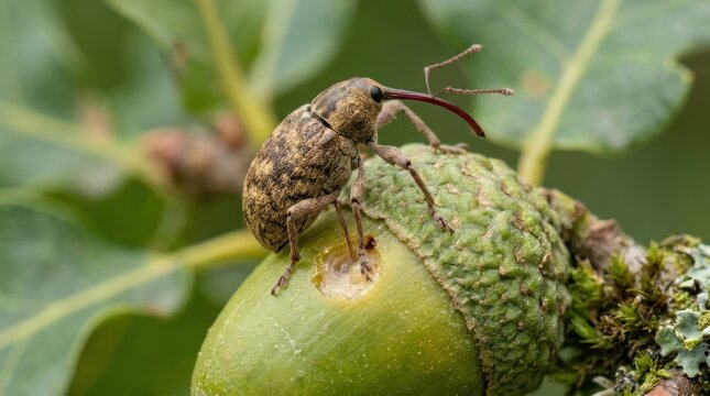 A weevil on an acorn with a blurred background.