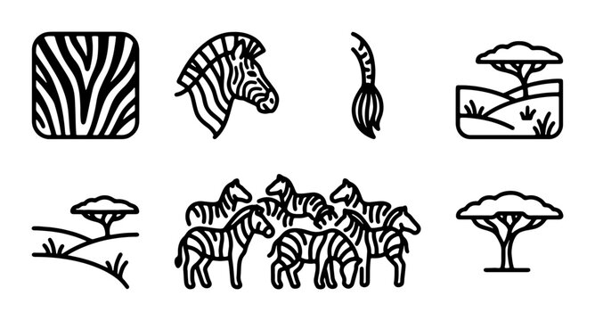 Zebra Icons, African Wildlife Vector Set: Safari Animals, Savannah Landscapes, Nature Elements