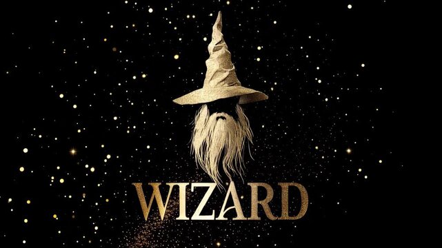 A bearded wizard with a magical golden text "WIZARD" on black background. Magic spell sparkle glow. Fantasy theme