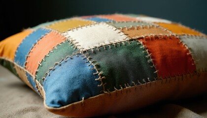 Naklejka premium Colorful patchwork pillow with visible stitching detail. Fabric squares create a unique textured pattern. Decorative cushion adds warmth and style to any space. Handcrafted home decor accent piece.