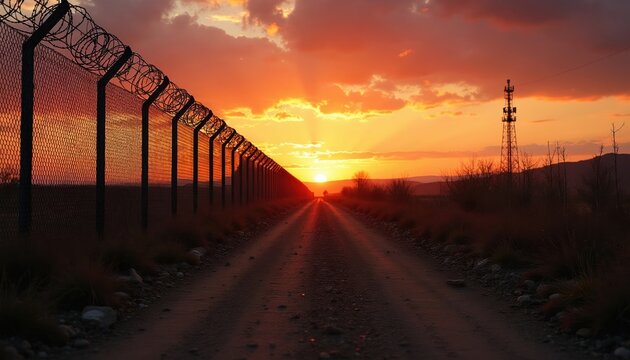 Fence with barbed wire divides land at sunset. Dirt road leads to horizon. Cell tower stands silhouetted against dramatic orange sky. No people are visible.