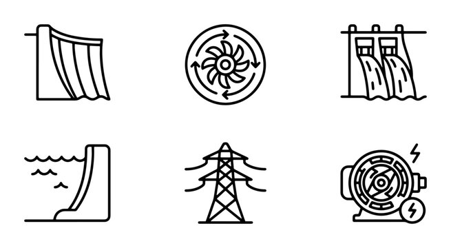 Hydroelectric Power Icons: Dam, Turbine, Generator, Power Line, Renewable Energy