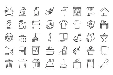Fototapeta premium Vector Housekeeping Icon Set with Bathroom, Washing, Soap, Towels, and Cleaning Tools