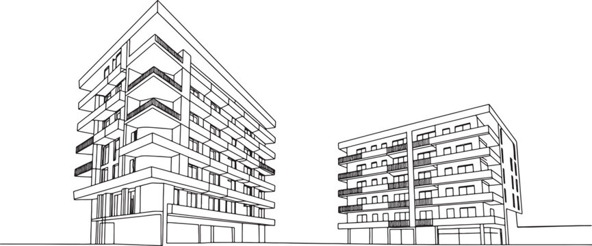 Modern apartment buildings in black and white line drawing for architectural design