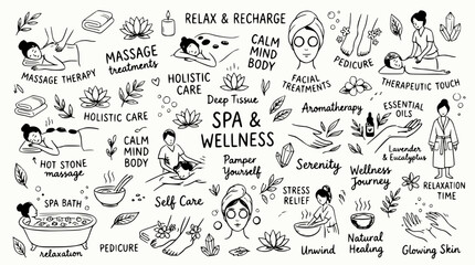 Fototapeta premium Spa & Wellness Collection: Massage, Aromatherapy, Self Care, Relaxation doodles