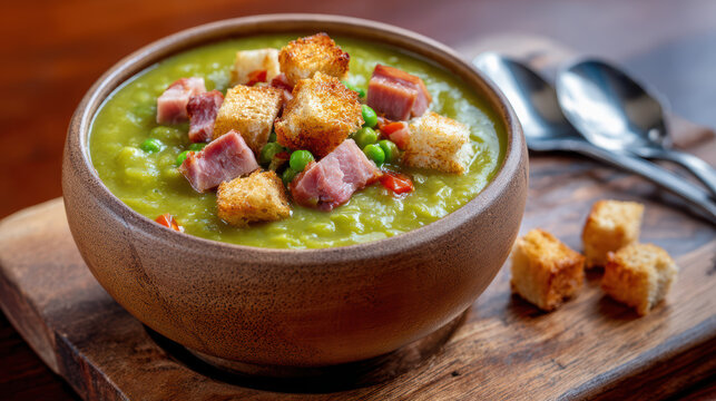 split pea soup with ham and herbs in a bowl