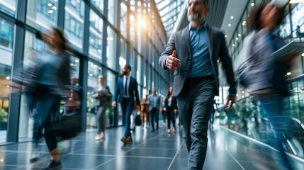 Fototapeta premium Faceless business people caught in motion blur walking through a modern corporate atrium with floor to ceiling glass walls