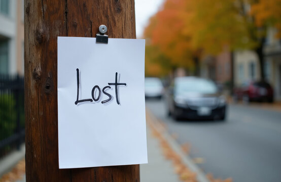Blank lost notice stapled to wooden pole on blurred autumn street. White paper flyer offers space for text and contact details. Outdoor ad shows a missing pet or item on city road.