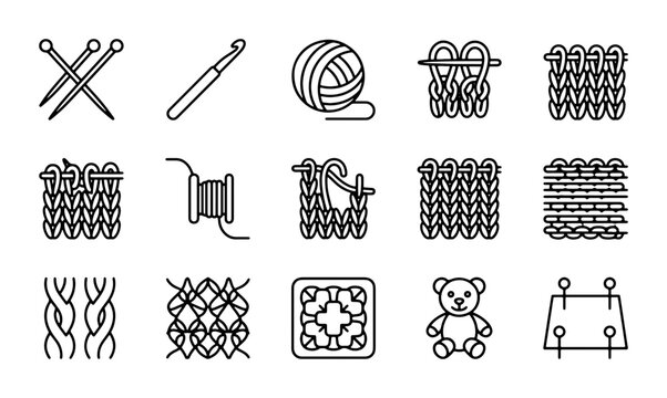Knitting and Crochet Icons: Crafting Tools, Stitches, and Projects Vector Set