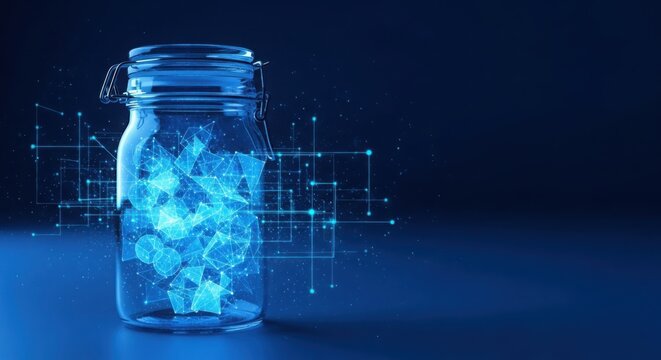 Digital glowing data particles trapped inside a glass jar illustration
