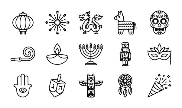 Cultural Celebration Icons: Festive Symbols, Holiday Graphics, Party Elements, Diverse Traditions