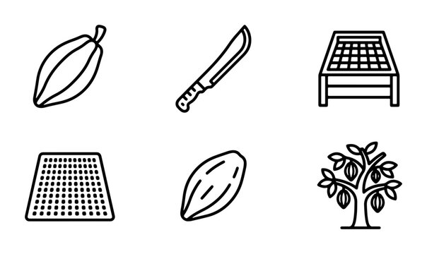 Cacao Farming Icons: Pods, Machete, Drying Beds, Tree, Vector Graphics