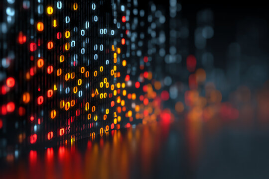 Digital Stream of Consciousness: A mesmerizing cascade of binary code, glowing in vibrant hues of orange, red, and blue, flows into an abstract digital landscape.