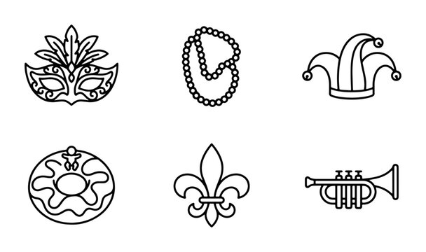 Mardi Gras Icons: Festive Mask, Beads, Jester Hat, Donut, Fleur-de-lis, Trumpet Vector Set