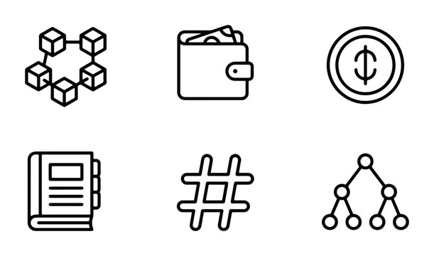 Blockchain Network, Digital Wallet, Cryptocurrency Coin, Ledger Book, Hashtag Symbol, Data Structure Icons