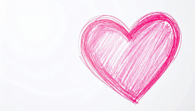 Hand drawn pink heart in crayon texture, white background, cute minimal design, warm pastel tones.