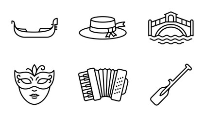Venice Icons Set: Gondola, Mask, Bridge, Accordion, Hat, Oar, Travel Symbols © Abdul