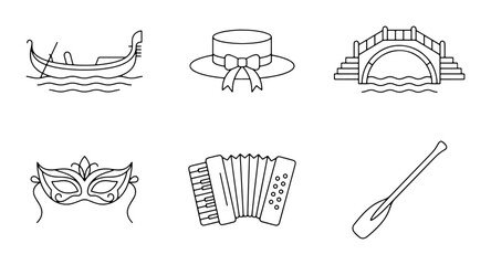 Venice Icons Set: Gondola, Mask, Bridge, Accordion, Hat, Oar, Vector Graphics © Abdul