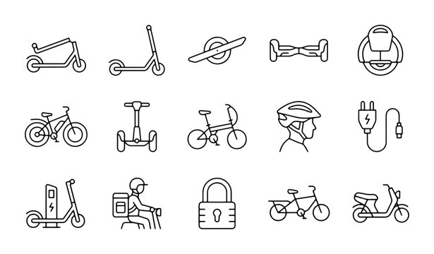 Electric Scooter Icons Set, Personal Mobility Vehicles, Urban Transport Vector Graphics