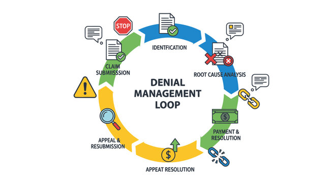 Denial management process loop diagram with icons and text illustrations