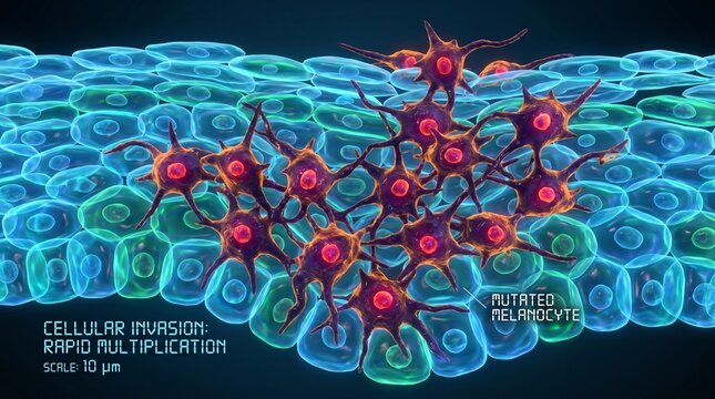 Microscopic view of mutated melanocytes invading healthy skin cells with text overlay