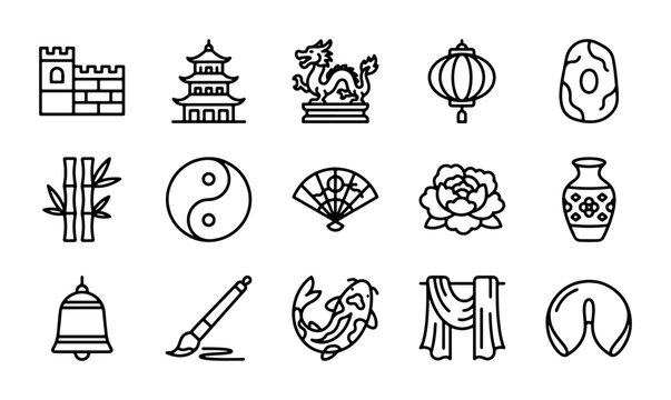 Chinese Culture Icons: Dragon, Pagoda, Great Wall, Fortune Cookie, Yin Yang, Vector Set