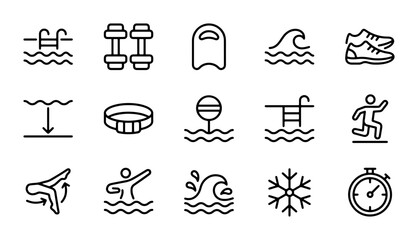 Swimming Pool Icons Set, Water Sports Vector Graphics, Fitness Training Symbols, Aquatic Activity Collection © Hasan