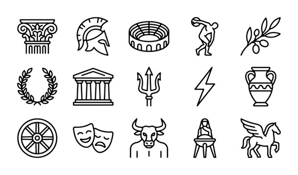Ancient Greek Icons Set: Mythology, History, Culture, Architecture, Symbols