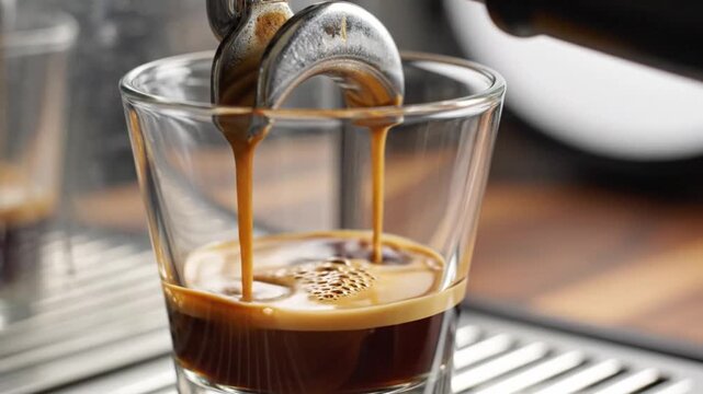 Close-up of rich espresso coffee with golden crema pouring from a metal portafilter into a clear glass shot cup.