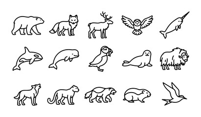 Arctic Animals Vector Icons Set, Wildlife Mammals and Birds Collection, Cute Cartoon Style © Hasan