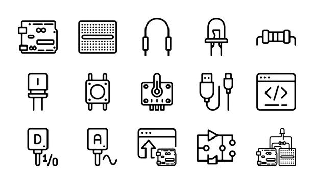 Electronic Components Icons Set, Technology Circuitry Symbols, Digital Hardware Vector Graphics